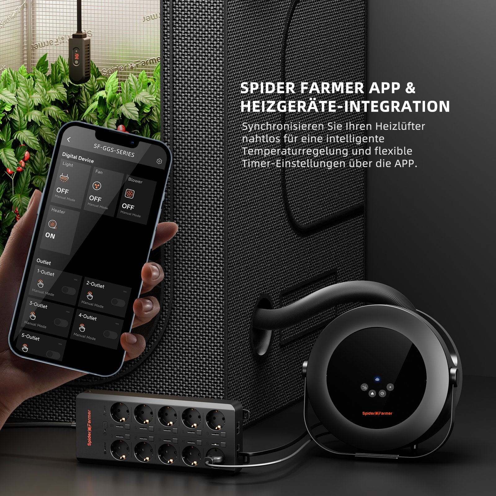 Spider Farmer Indoor Heater – Heizlüfter mit 4 Modi, Tag-/Nacht-Sensoren & 24h-Timer für Growzelte