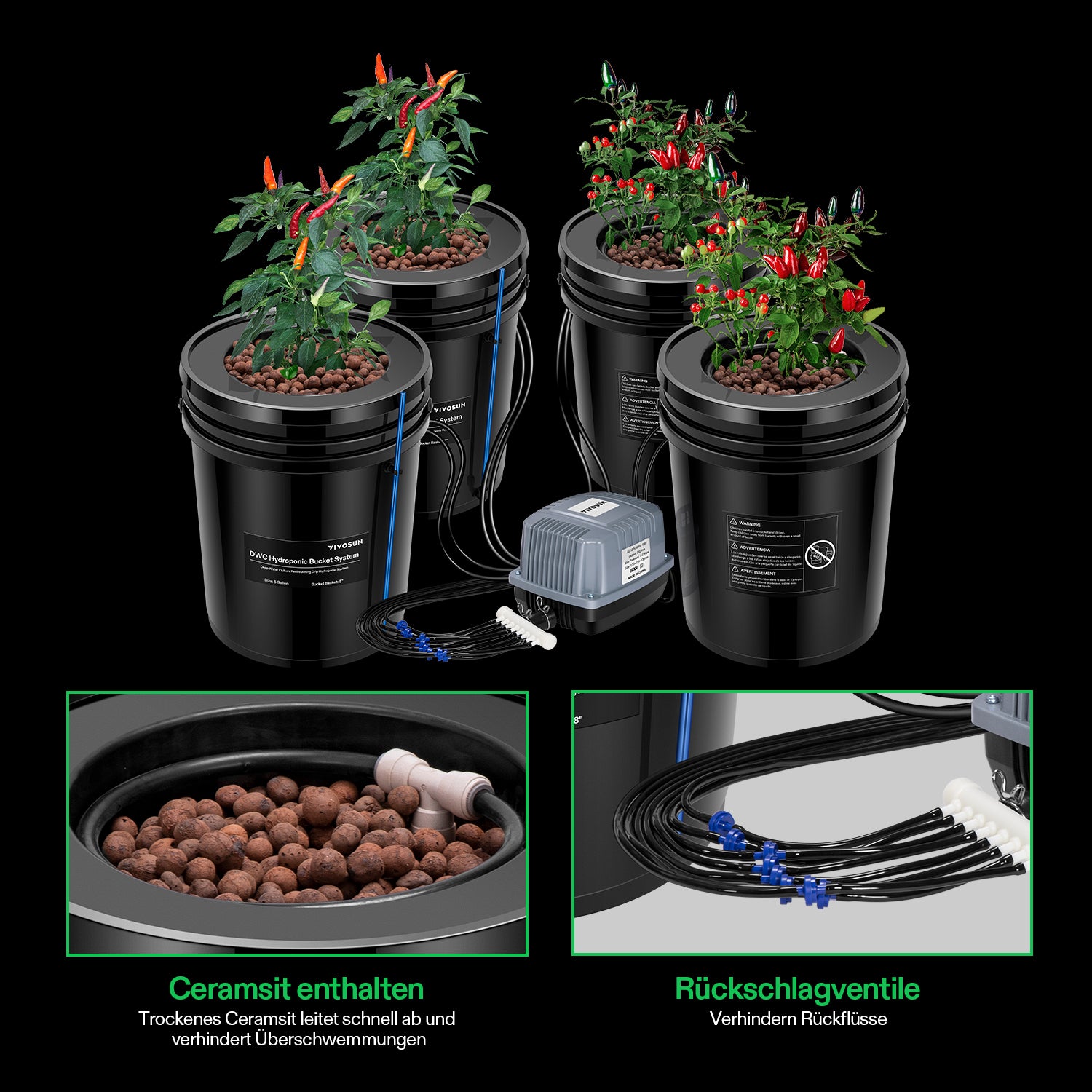 VIVOSUN 18,9 L DWC Hydroponik-System – 4 Eimer Komplett-Set mit Luftpumpe, Schläuchen & Ausströmersteinen