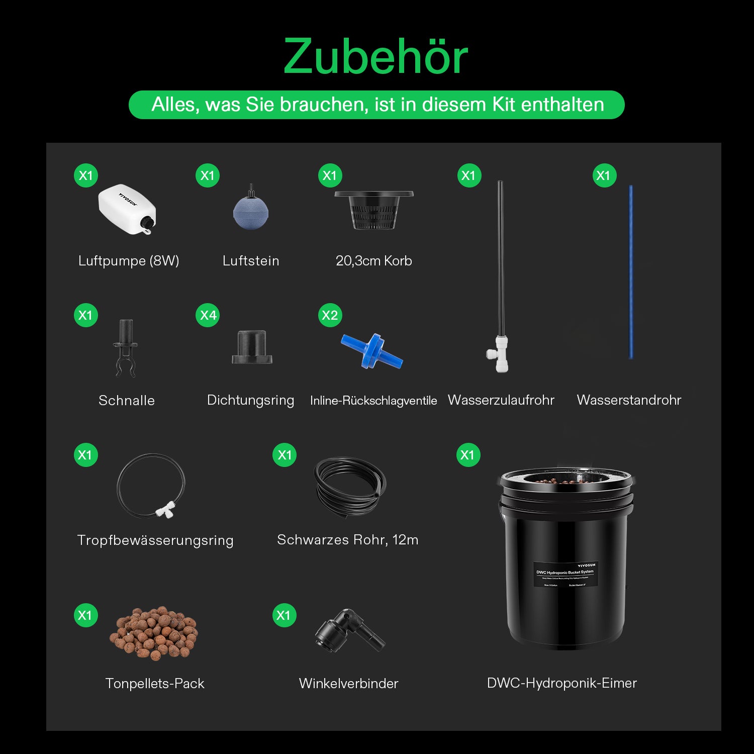 VIVOSUN 18,9 L DWC Hydroponik-System – Schwarzes 1-Eimer-Set mit Luftpumpe & Ausströmerstein