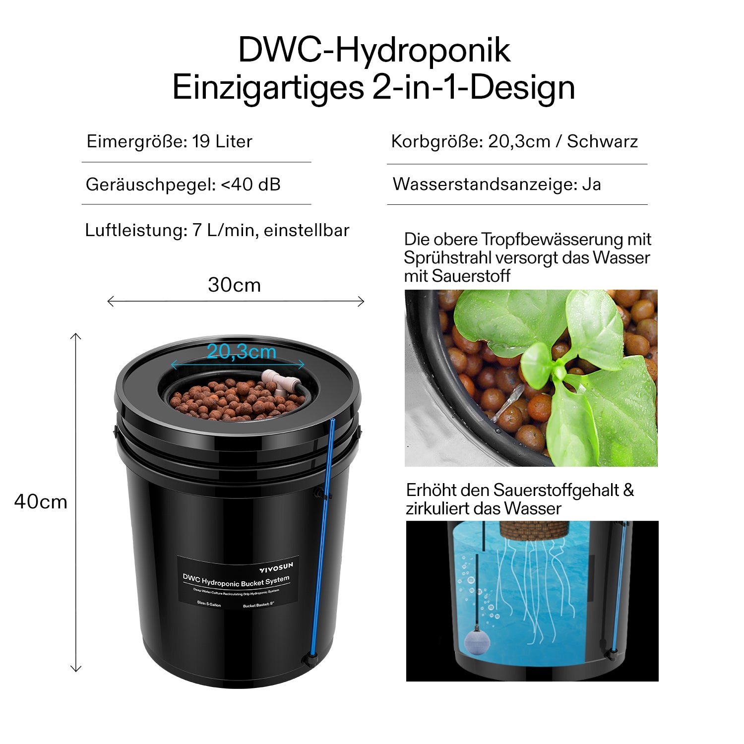VIVOSUN 18,9 L DWC Hydroponik-System – Schwarzes 1-Eimer-Set mit Luftpumpe & Ausströmerstein