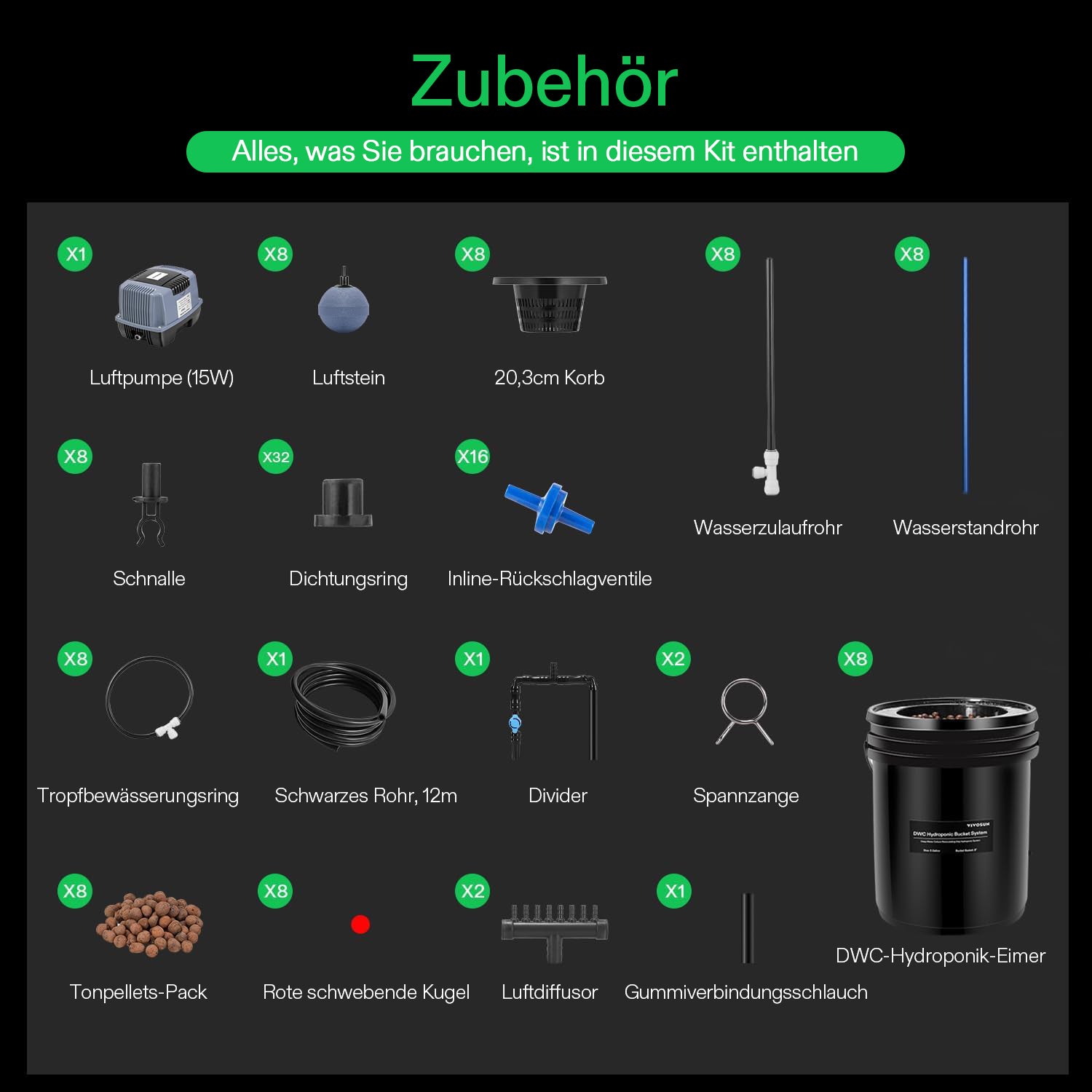 VIVOSUN 18,9 L DWC Hydroponik-System – 8 Eimer Komplett-Set mit Luftpumpe, Schläuchen & Ausströmersteinen