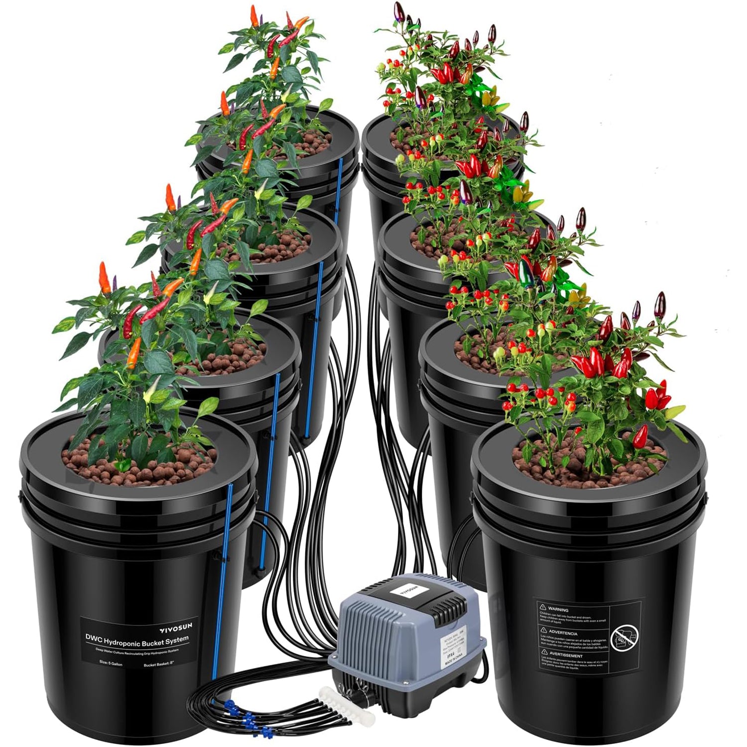 VIVOSUN 18,9 L DWC Hydroponik-System – 8 Eimer Komplett-Set mit Luftpumpe, Schläuchen & Ausströmersteinen