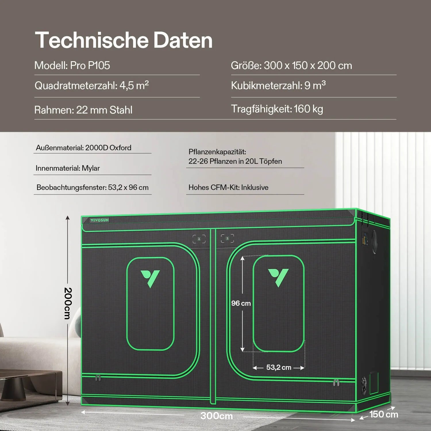 VIVOSUN Pro Grow Tent – Großes 300×150×200 cm professionelles Growzelt mit robuster Mylar-Beschichtung für Indoor-Anbau