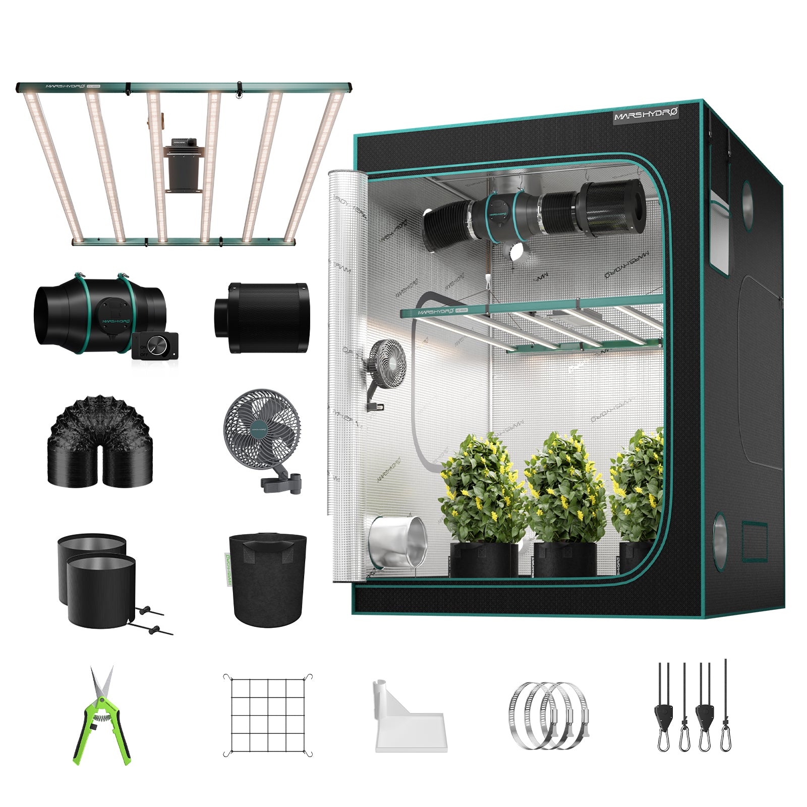 Mars Hydro FC6500 730W Growbox Komplettset 150x150x200 cm mit Bridgelux 3030 und OSRAM 660 nm Deep Red LED, 6 Zoll iFresh Abluft, Aktivkohlefilter und Grow-Zubehör