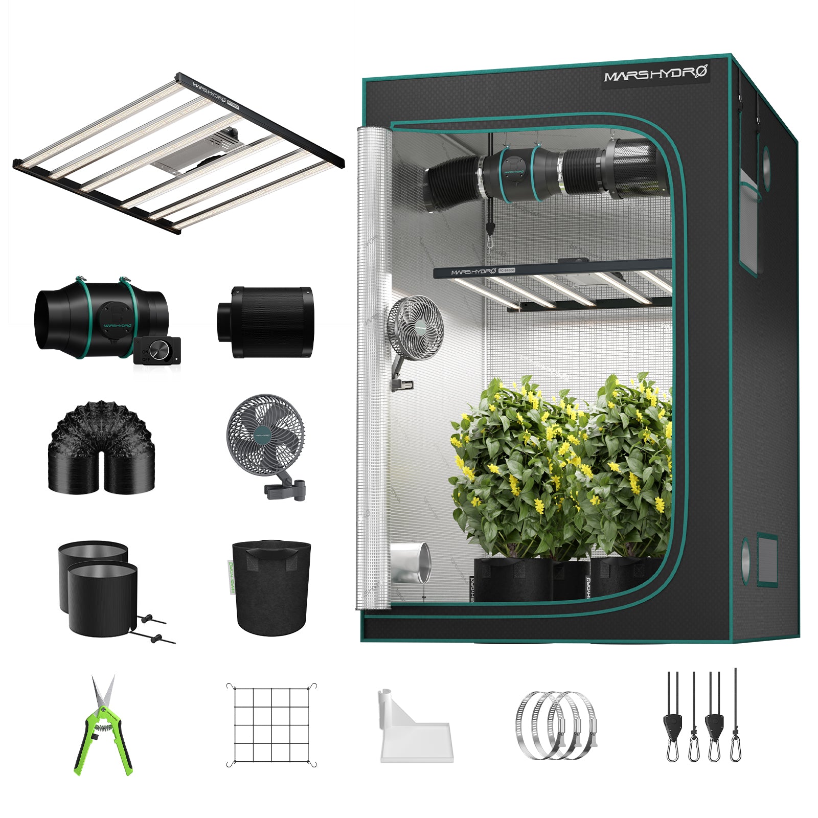 Mars Hydro FC4800 480W Growbox Komplettset 120x120x200 cm mit Bridgelux 3030 und OSRAM Deep Red Full-Spectrum LED, 6 Zoll Abluft, Aktivkohlefilter und Grow-Zubehör