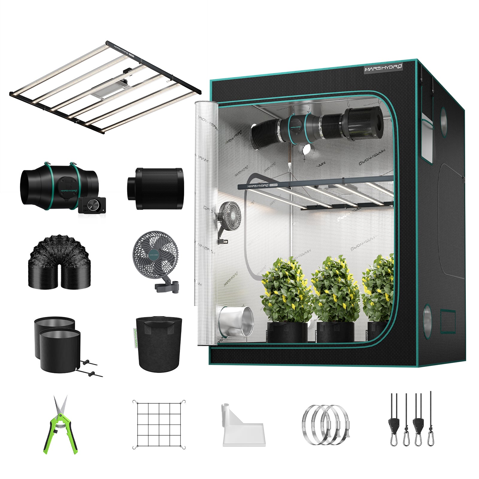 Mars Hydro FC-E6500 730W Growbox Komplettset 150x150x200 cm mit Bridgelux Full-Spectrum Multi-Bar LED, OSRAM Rotlicht, 6 Zoll Abluftsystem, Aktivkohlefilter und Grow-Zubehör