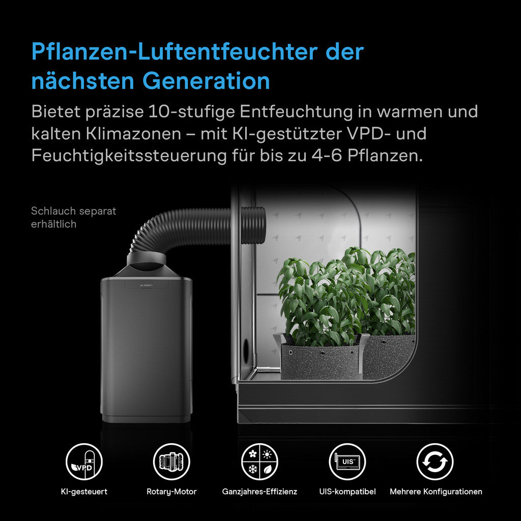AC Infinity HYDRONE 7 Pflanzen-Luftentfeuchter mit VPD-Steuerung, 10 Leistungsstufen, externem Klimasensor und UIS Smart Control für Growzelte bis 150x150 cm