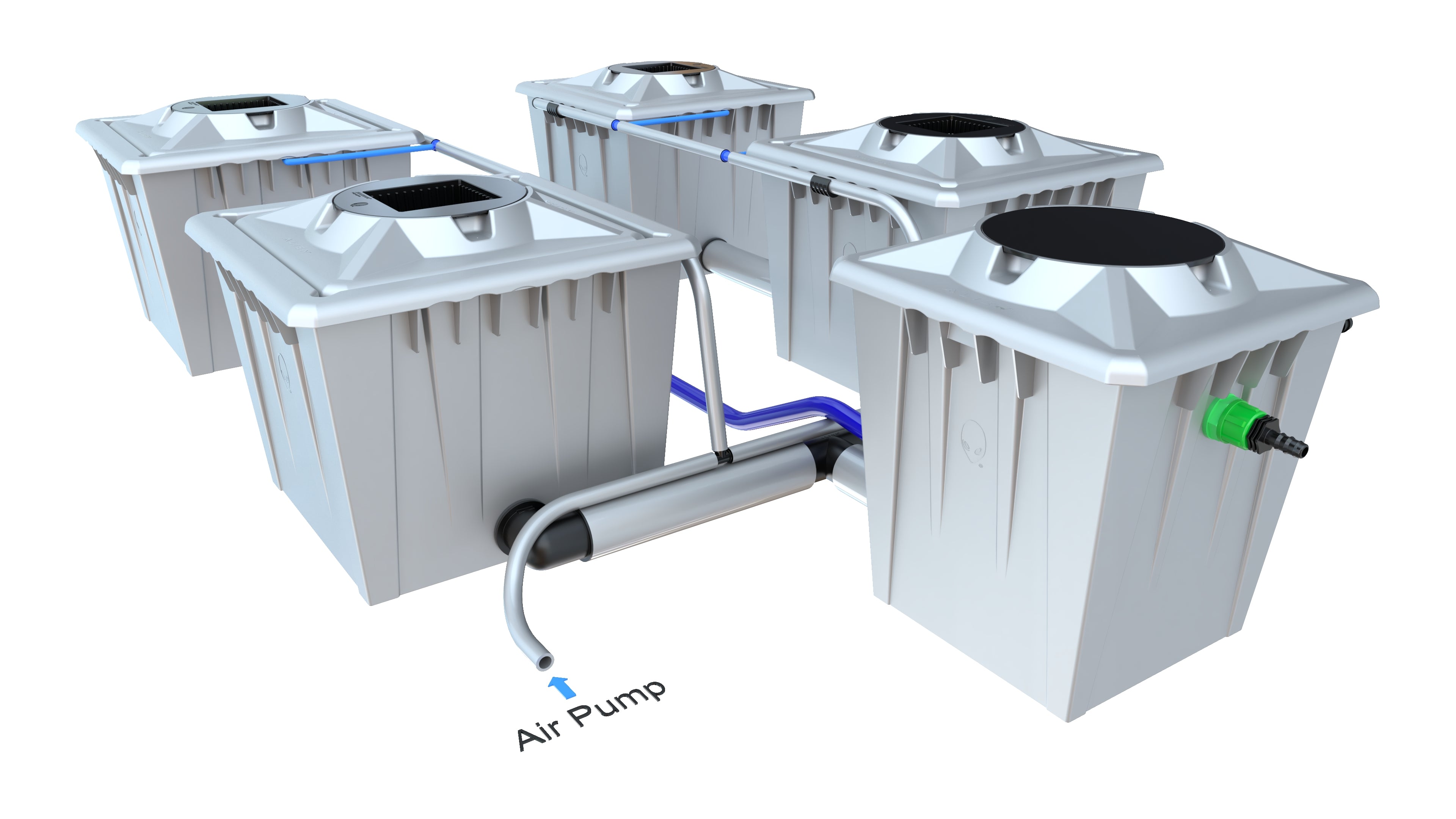 ALIEN® RDWC 4 Pot 36L PRO Silver Series Hydroponiksystem mit vier Töpfen, Dual-Flow™ Anschlüssen und Jet-Stream™ Luftpumpe für effizienten Pflanzenanbau