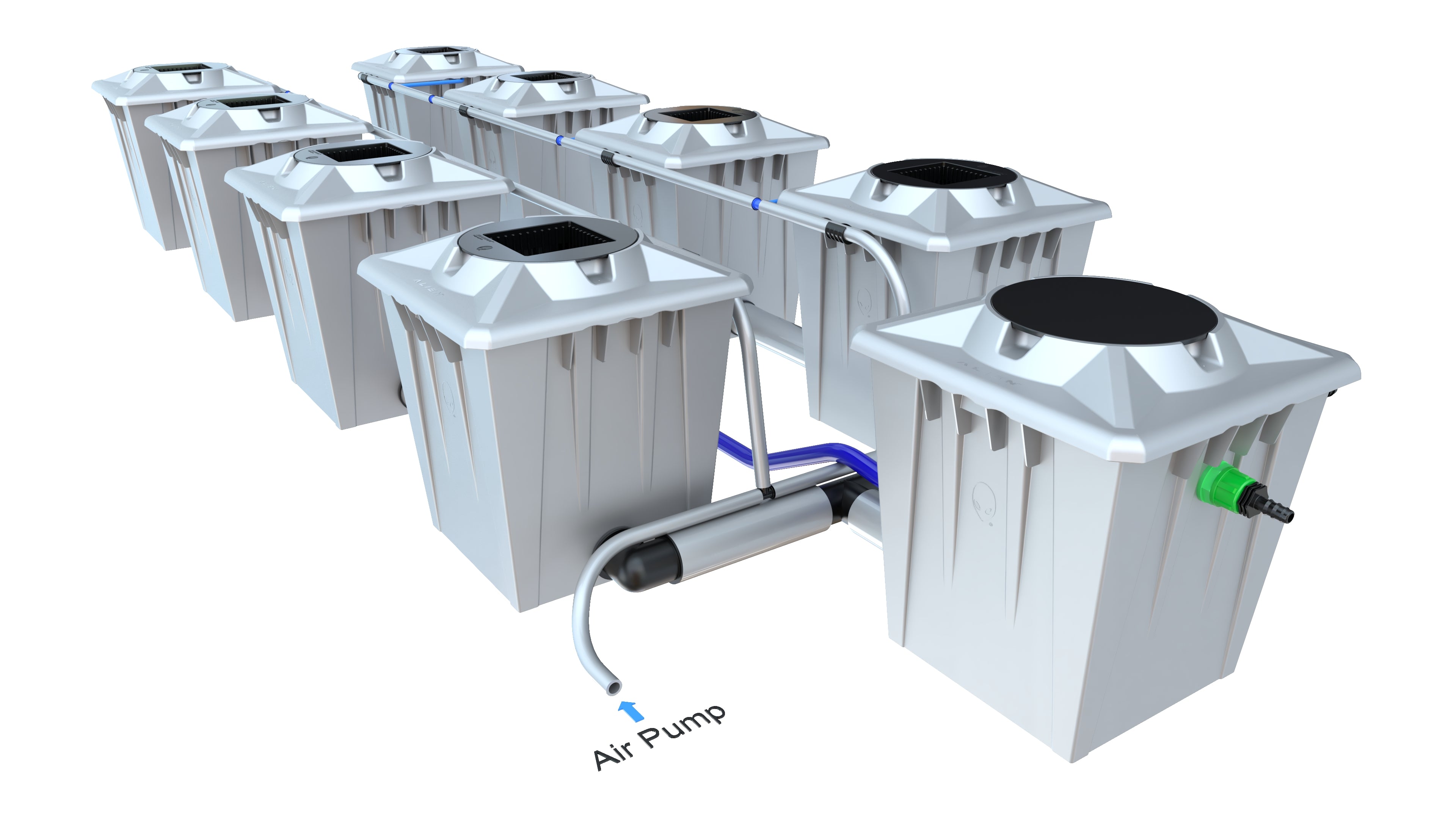 ALIEN® RDWC 8 Pot 20L PRO Silver Series Hydroponiksystem mit acht Töpfen, Dual-Flow™ Anschlüssen und Jet-Stream™ Luftpumpe für effizienten Pflanzenanbau.