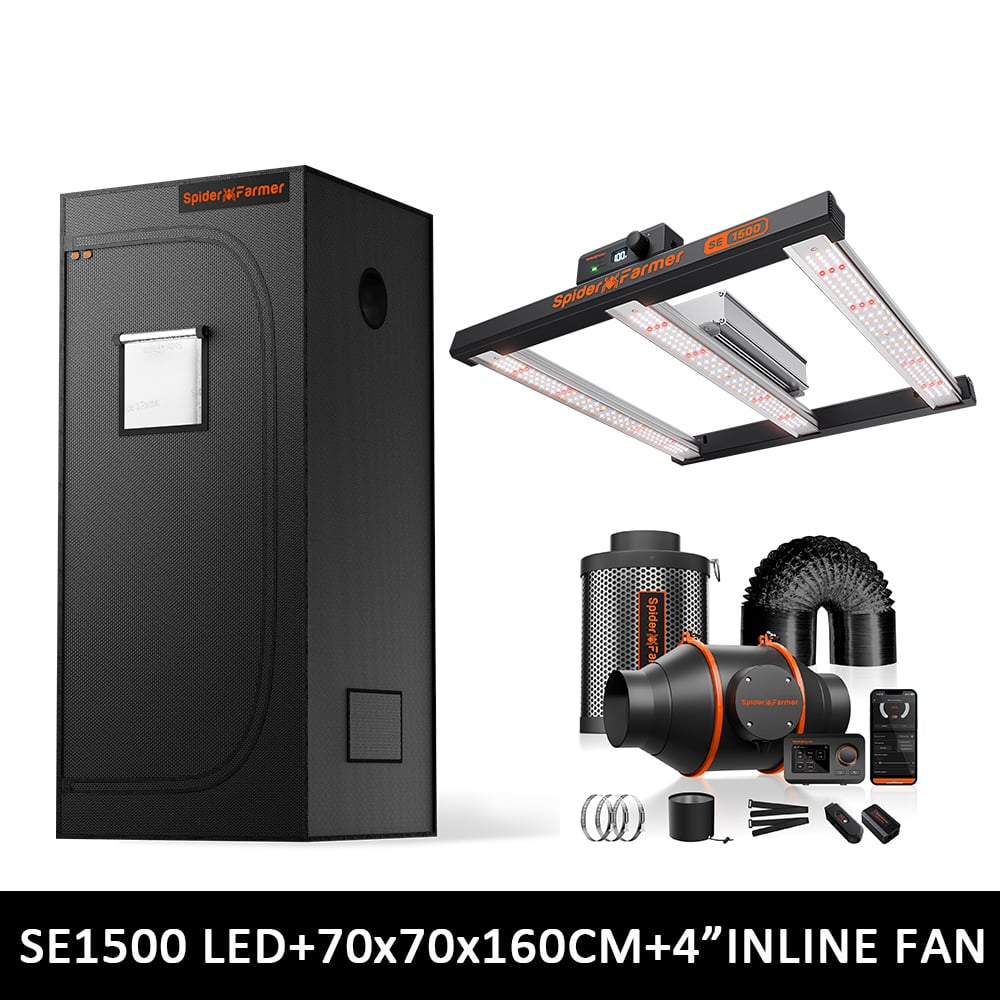 Spider Farmer Grow Tent Kit 70×70×160 cm mit SE1500 EVO 150W LED & 4″ Abluftsystem mit GGS Controller