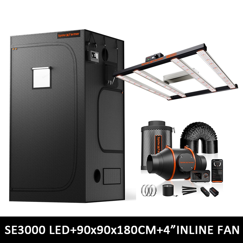Spider Farmer Grow Tent Kit 90×90×180 cm mit SE3000 EVO 300W LED & 4″ Inline Ventilationssystem mit GGS Controller