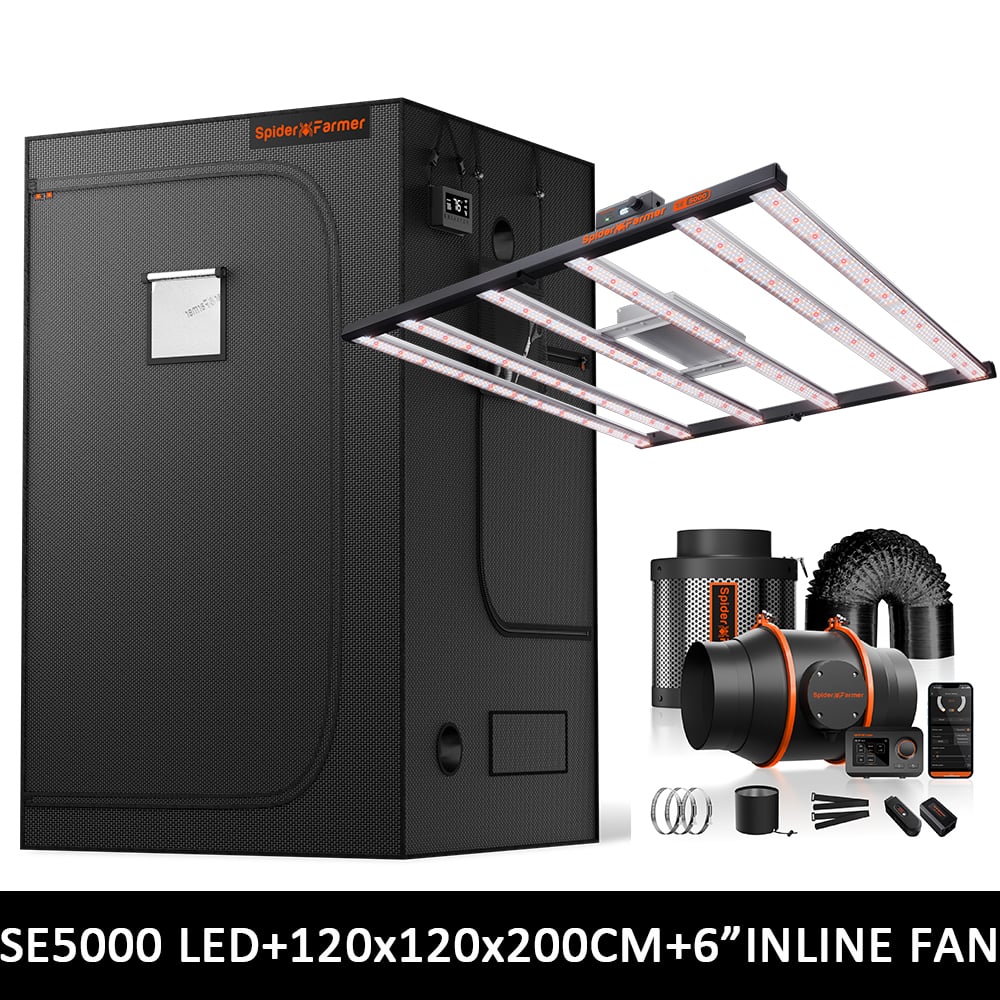 Spider Farmer Grow Tent Kit 120×120×200 cm mit SE5000 EVO 480W LED & 6″ Abluftsystem mit GGS Controller