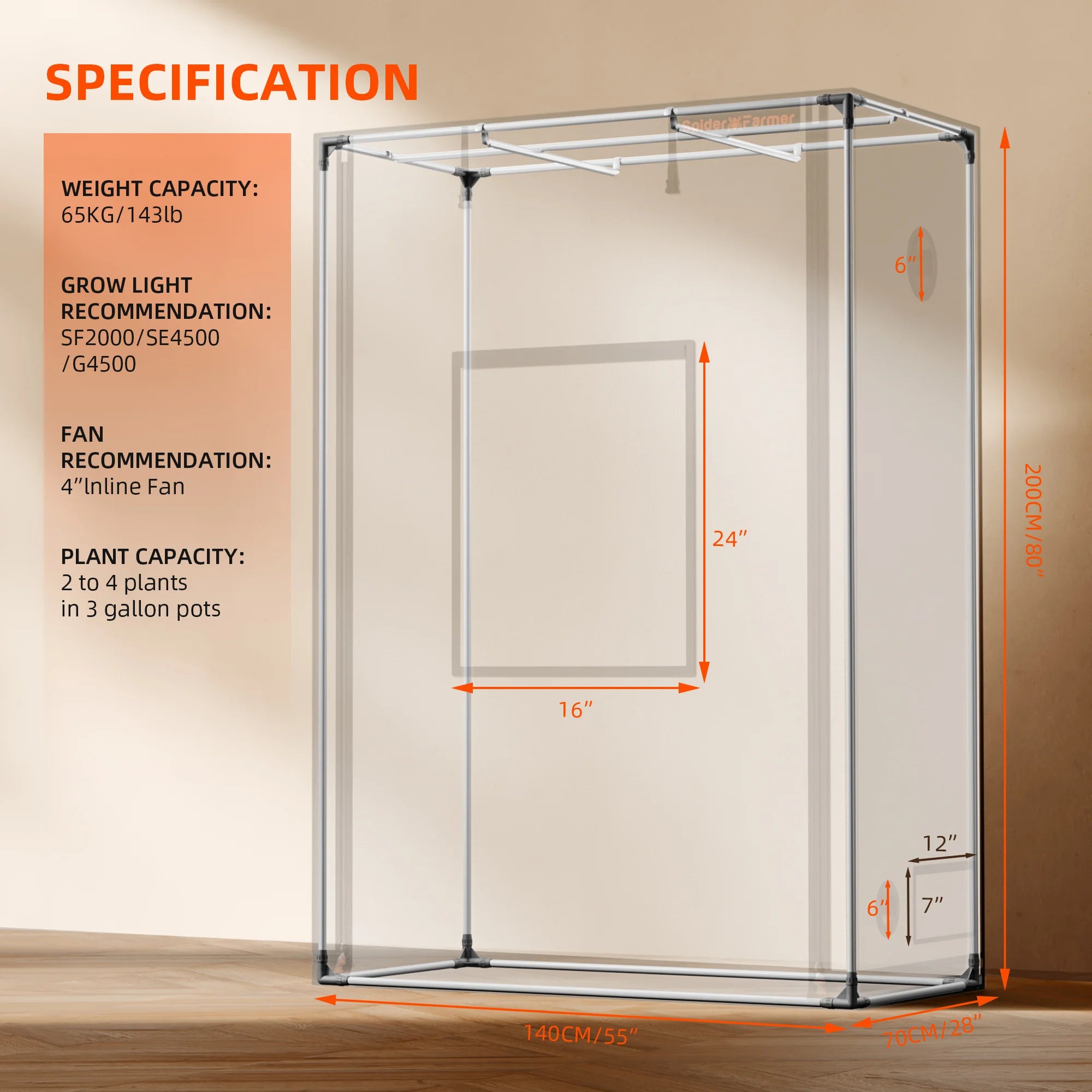 Spider Farmer Pro Growzelt 140×70×200 cm – schmales Indoor-Zelt mit 2000D Stoff & reflektierender Mylar-Innenbeschichtung