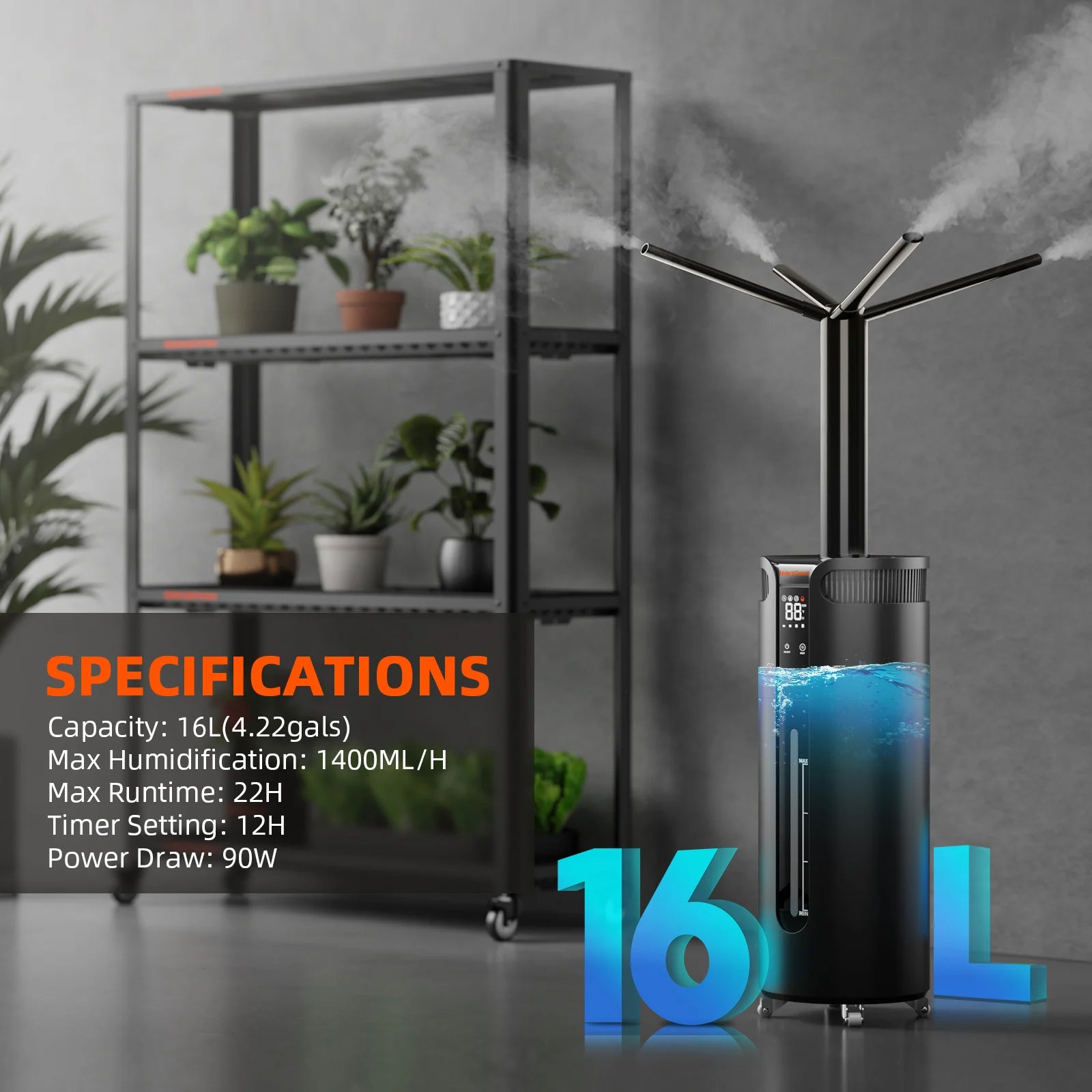 Spider Farmer 16 L Luftbefeuchter mit Sensor – leiser Ultraschall-Nebler für große Growzelte