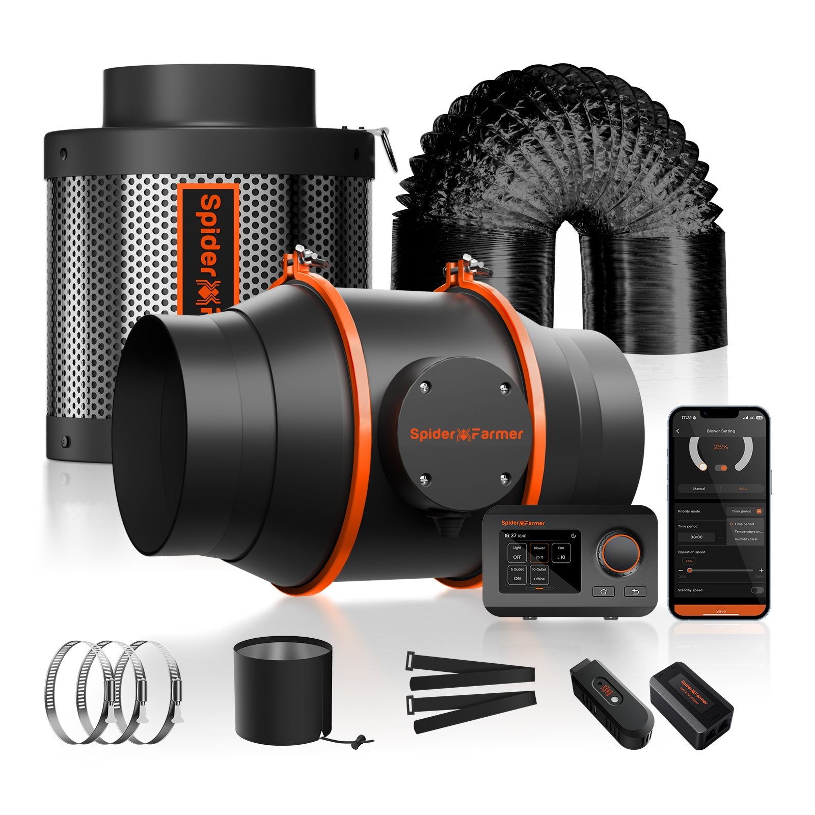 Spider Farmer 4 Zoll Inline Fan Kit 205 CFM mit GGS Controller & Aktivkohlefilter
