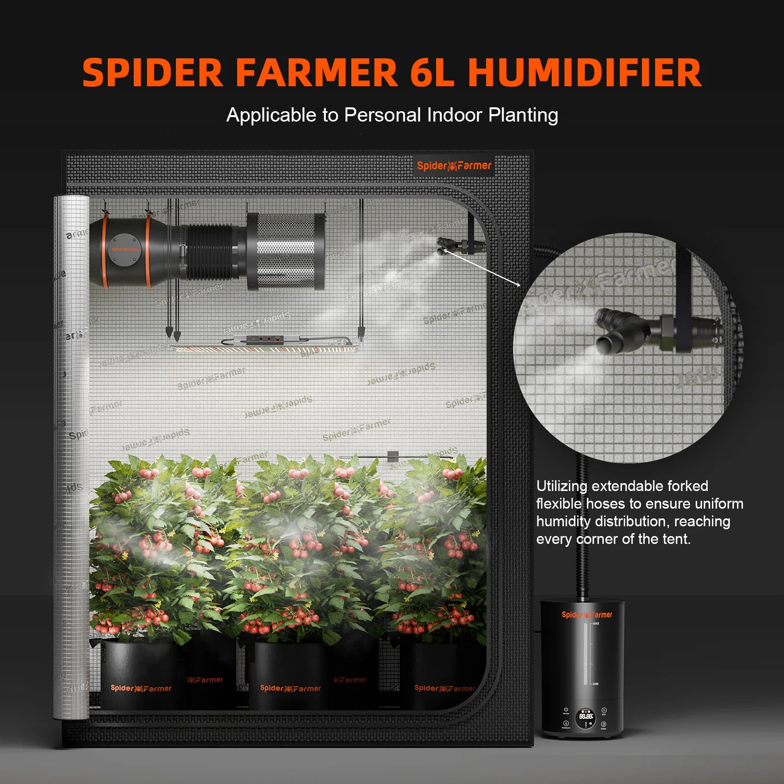 Spider Farmer 6L Ultraschall-Luftbefeuchter mit Feuchtigkeits- & Temperatursensor für Indoor-Growzelte