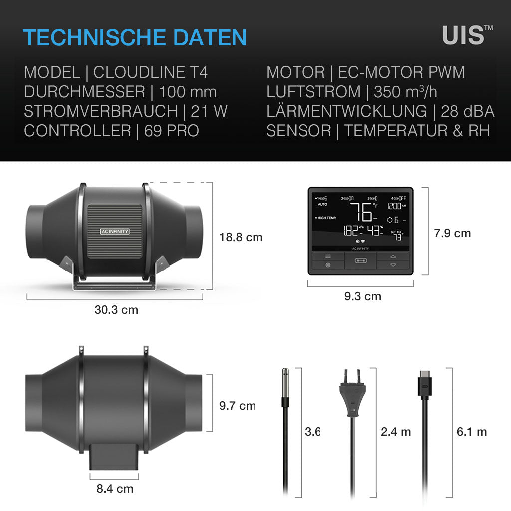 AC Infinity CLOUDLINE PRO T4 – EC-Lüfter 100 mm mit Smart Controller für Growzelte und Indoor-Grows