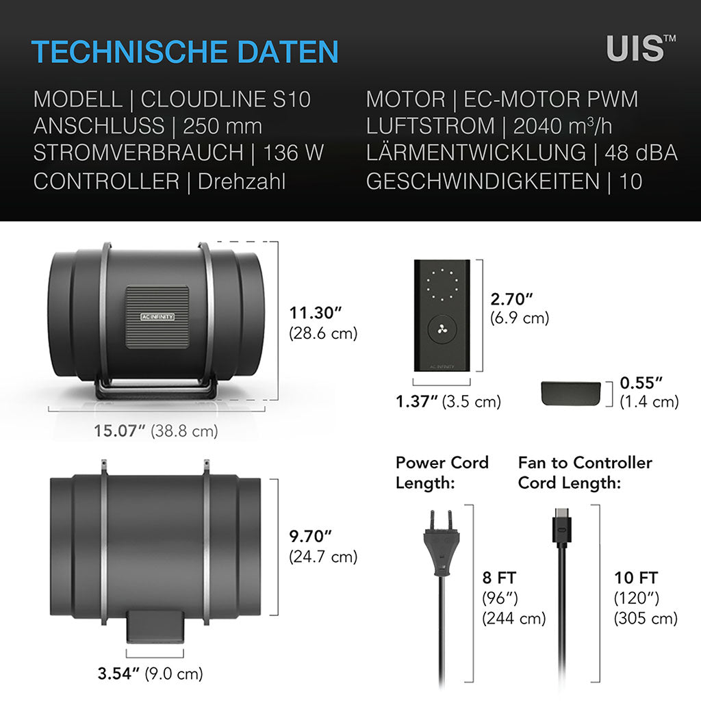 AC Infinity CLOUDLINE PRO S10 – 250 mm Inline-EC-Lüfter mit Drehzahlregler für große Growzelte, klimatisierte Räume und technische Belüftungssysteme