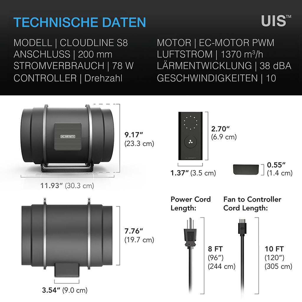 AC Infinity CLOUDLINE PRO S8 – 200 mm Inline-EC-Ventilator mit manuellem Drehzahlregler für große Growzelte und leise, zuverlässige Belüftung