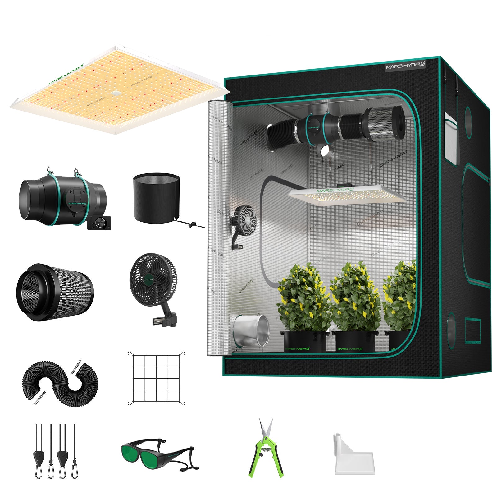 Mars Hydro TS3000 420W Growbox Komplettset 150x150x200 cm mit Bridgelux Full-Spectrum LED, 6 Zoll iFresh Abluftsystem, Aktivkohlefilter, Stofftöpfen und Grow-Zubehör