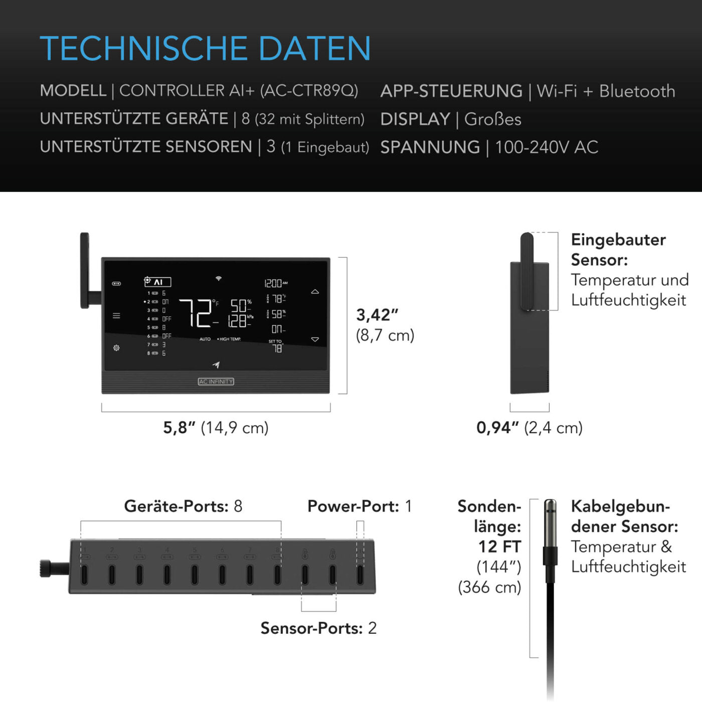 AC Infinity CONTROLLER AI+ CTR89Q KI Umweltcontroller für bis zu 8 Geräte mit Dual-Zonen VPD Temperatur Luftfeuchtigkeit Bluetooth Wi-Fi und UIS Smart Control