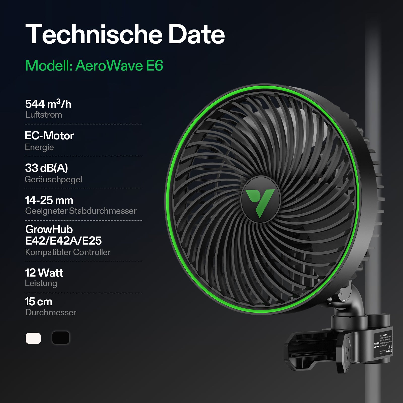 VIVOSUN AeroWave E6 – 6-Zoll Smart Clip-Ventilator mit GrowHub-Kompatibilität
