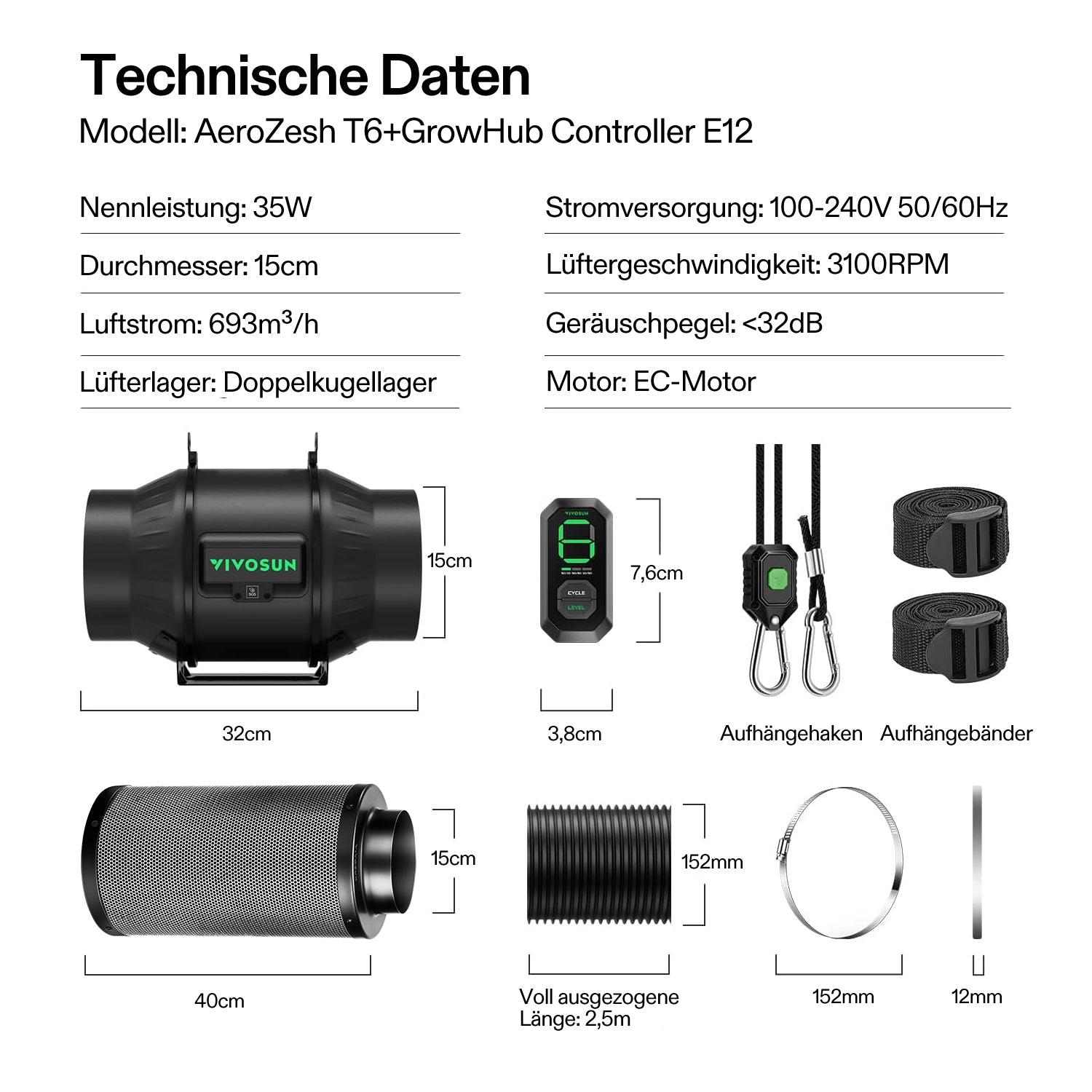 VIVOSUN Smartes Abluftset 15 cm – AeroZesh T6 EC-Rohrventilator mit E12-Geschwindigkeitsregler, Aktivkohlefilter und Lüftungsschlauch
