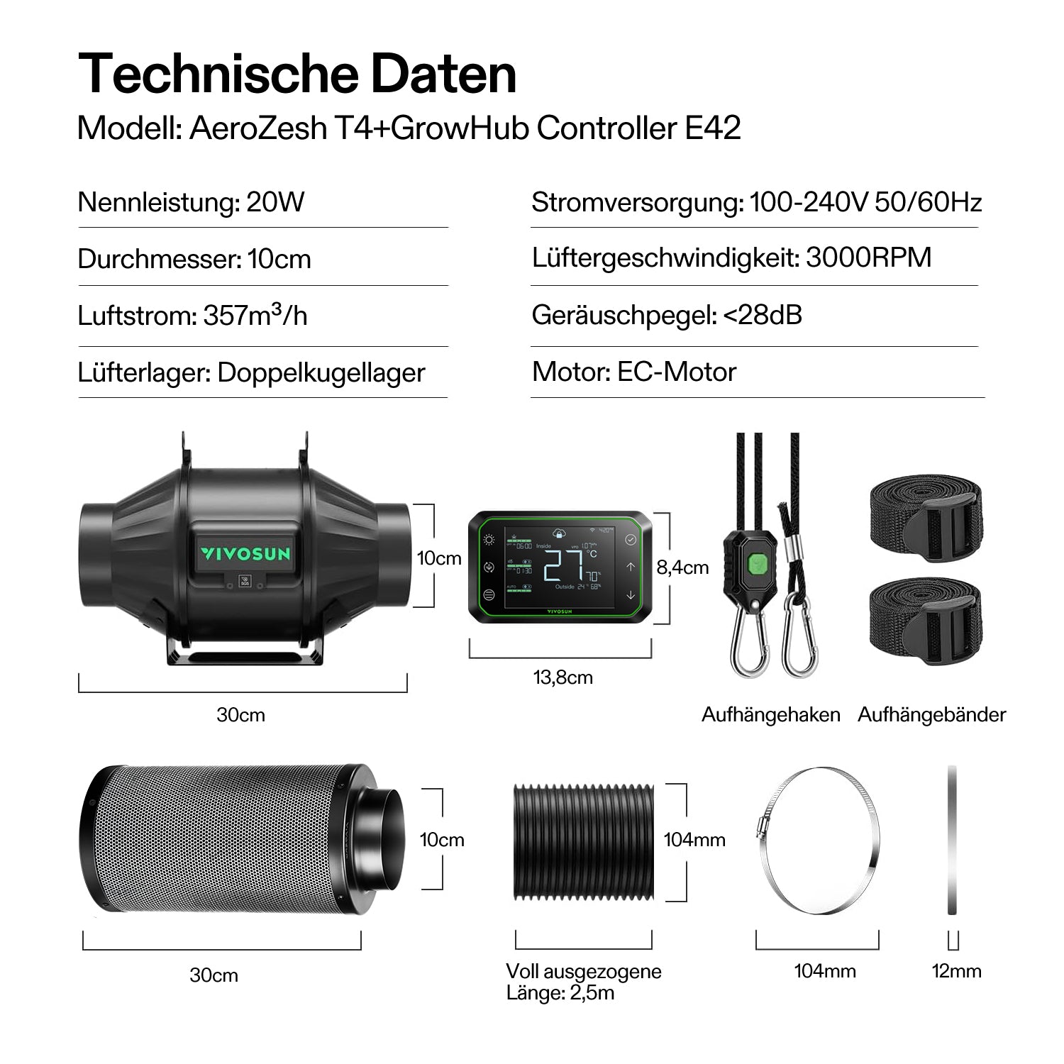 VIVOSUN Smart Abluftset Pro 10 cm – AeroZesh T4 EC-Rohrventilator mit GrowHub E42A WLAN-Controller, Aktivkohlefilter und Luftkanal
