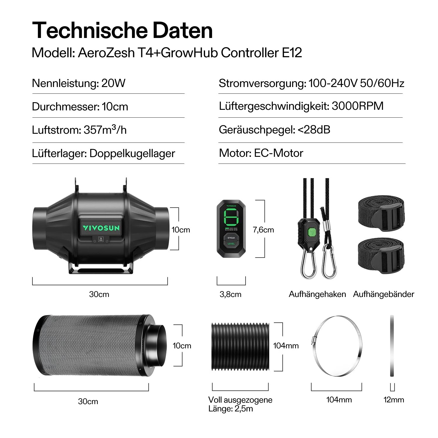 VIVOSUN Smartes Abluftset 10 cm – AeroZesh T4 EC-Rohrventilator mit E12-Geschwindigkeitsregler, Aktivkohlefilter und Lüftungsschlauch
