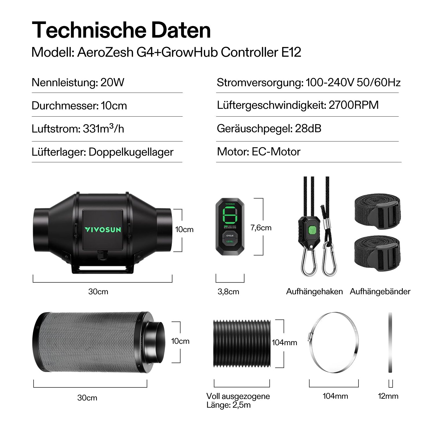 VIVOSUN AeroZesh G4 Inline Fan Combo – 4" EC-Abluftventilator mit Smart Controller

