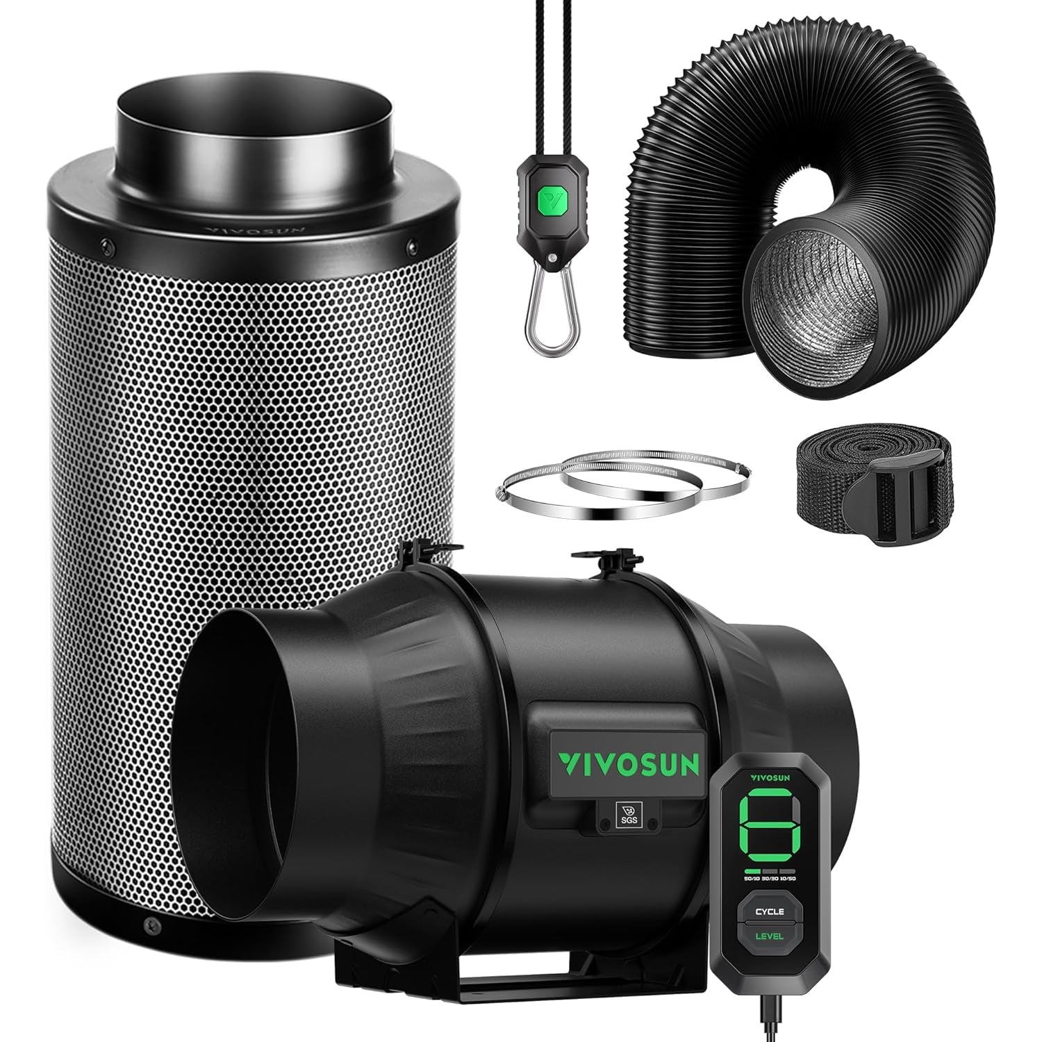 VIVOSUN Smartes Abluftset 15 cm – AeroZesh T6 EC-Rohrventilator mit E12-Geschwindigkeitsregler, Aktivkohlefilter und Lüftungsschlauch
