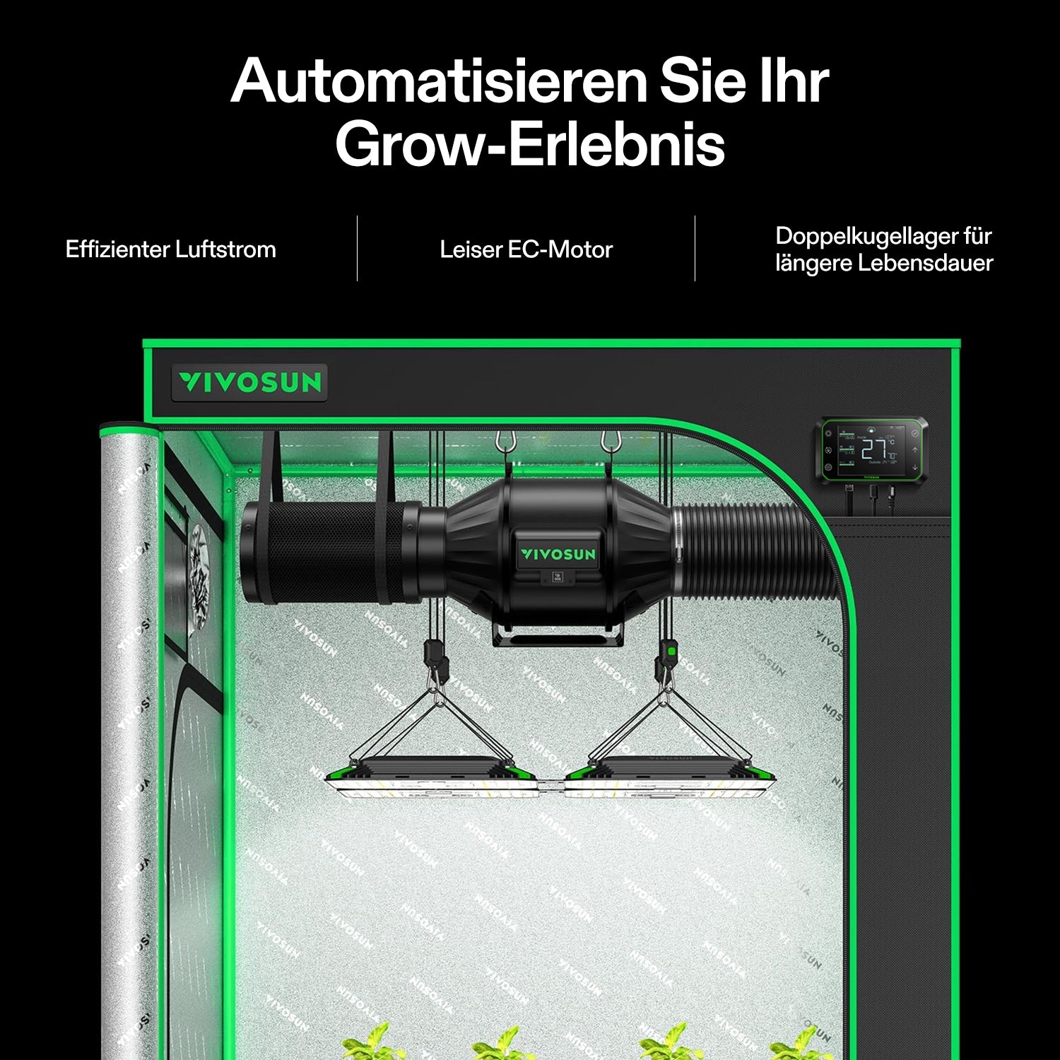 VIVOSUN Smart Abluftset Pro 10 cm – AeroZesh T4 EC-Rohrventilator mit GrowHub E42A WLAN-Controller, Aktivkohlefilter und Luftkanal
