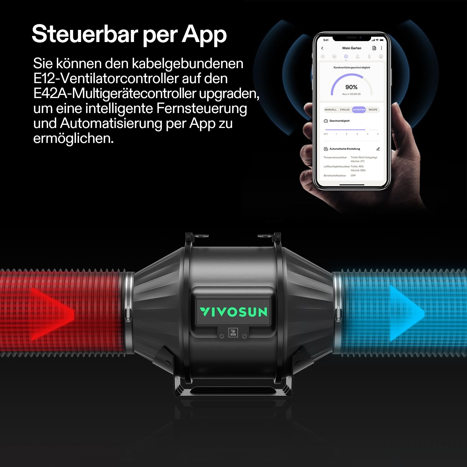 VIVOSUN Smartes Abluftset 10 cm – AeroZesh T4 EC-Rohrventilator mit E12-Geschwindigkeitsregler, Aktivkohlefilter und Lüftungsschlauch
