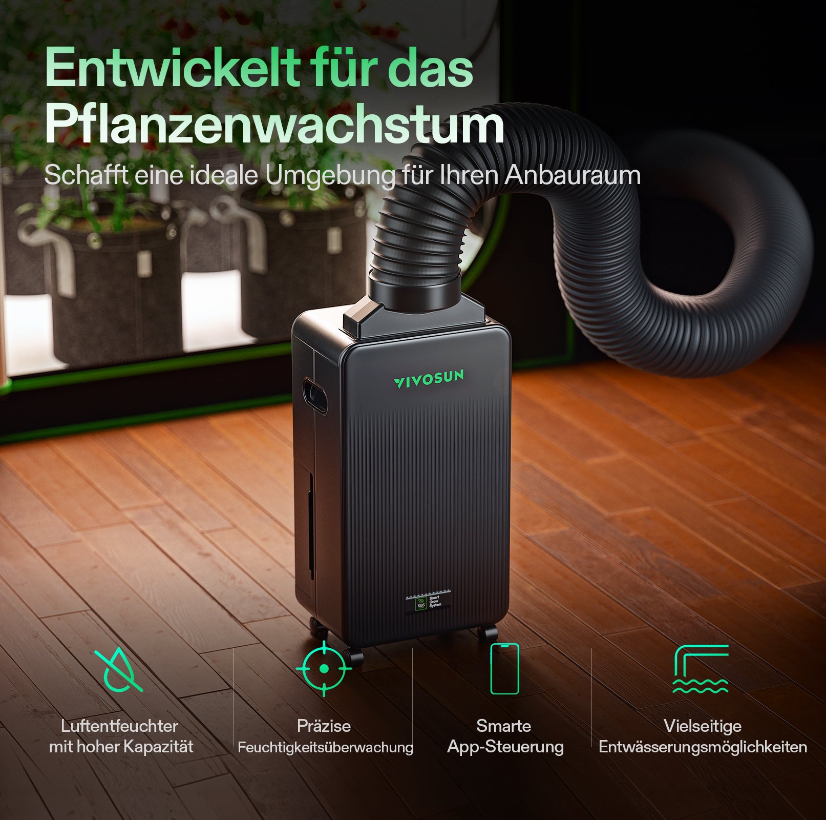 VIVOSUN AeroDrain D12 smarter Luftentfeuchter für Growzelt – bis 12 L/Tag, 2 L Tank, App-steuerbar

