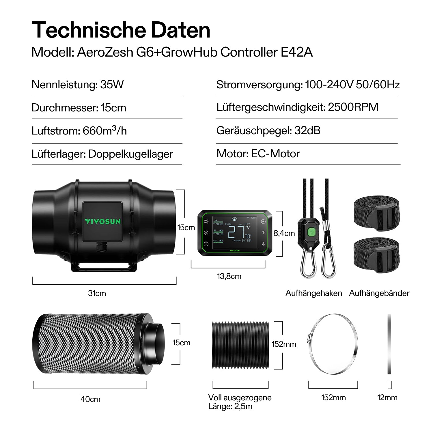 VIVOSUN AeroZesh G6 Inline Fan Combo – 6" EC-Lüfter mit GrowHub E42A Smart Controller
