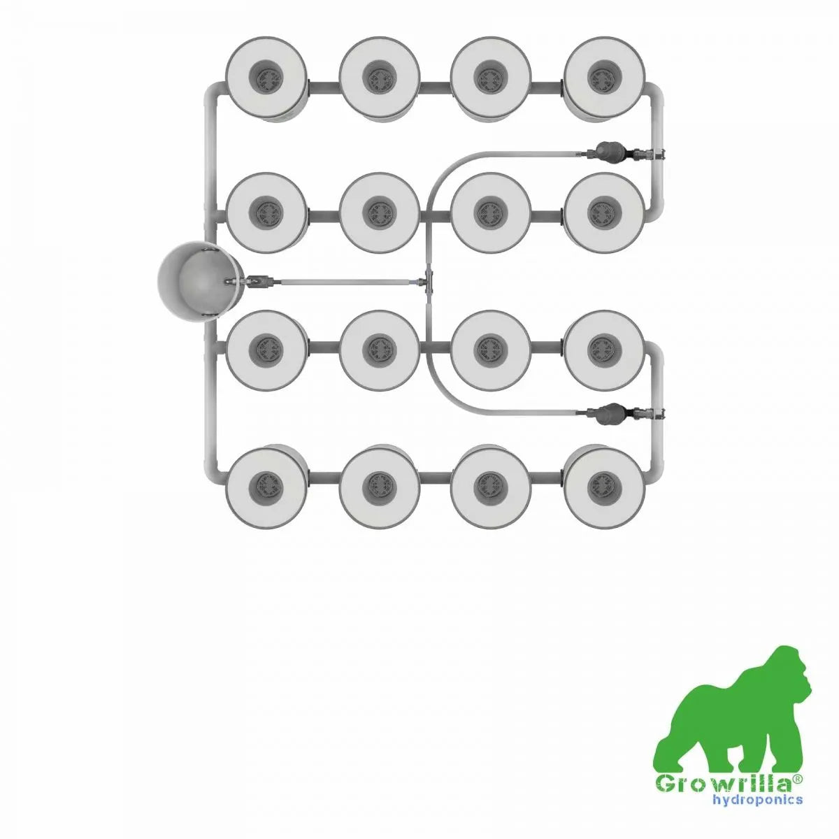 Hydroponics RDWC PRO System mit 16 Töpfen in 4 Reihen, recirculating Deep Water Culture Setup mit Pumpe und Belüftung für professionellen Pflanzenanbau.